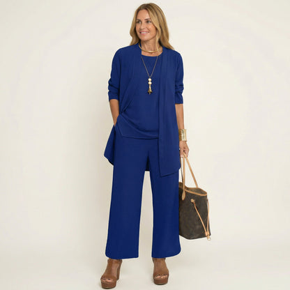 Women's Three Piece Set with Cardigan Top and Wide Leg Pants Elegant Outfit
