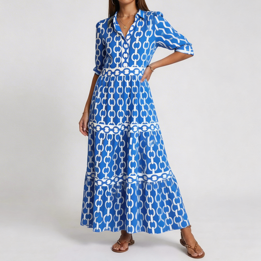 Women's Chain Print V-Neck Midi Dress with 3/4 Sleeves