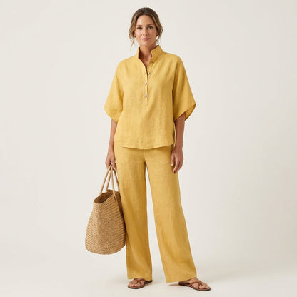 Women's Linen Two Piece Set with Batwing Top and Wide Leg Pants Casual Outfit