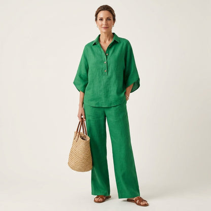 Women's Linen Two Piece Set with Batwing Top and Wide Leg Pants Casual Outfit