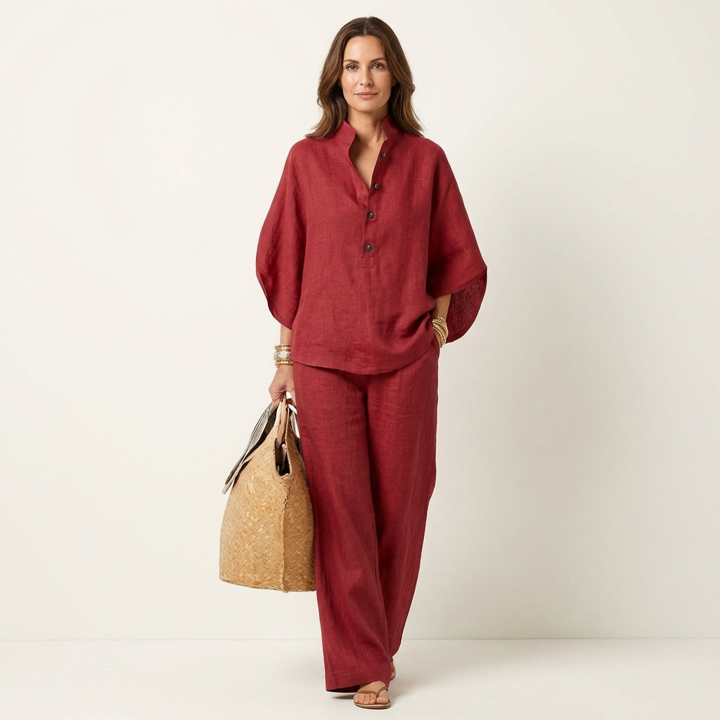 Women's Linen Two Piece Set with Batwing Top and Wide Leg Pants Casual Outfit