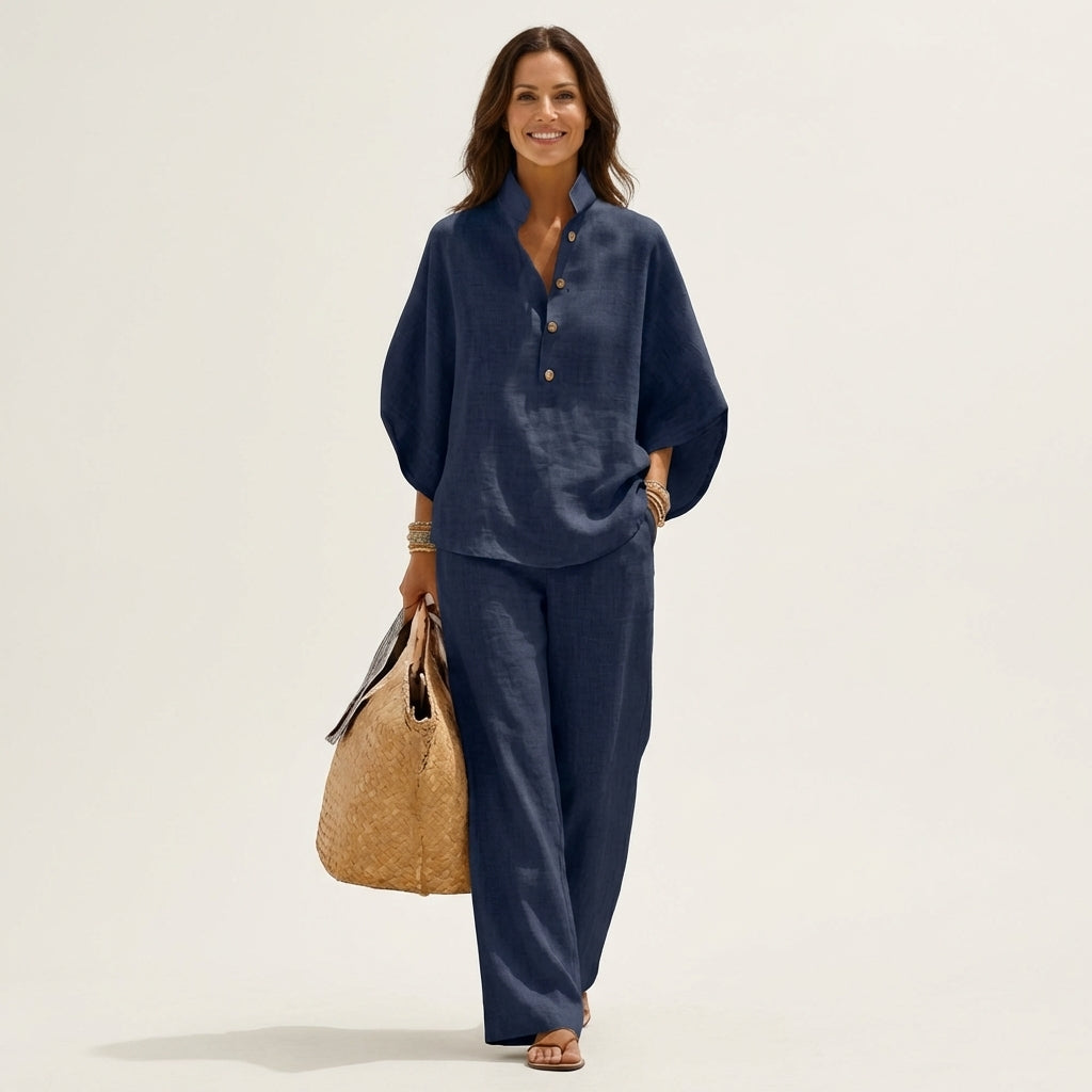 Women's Linen Two Piece Set with Batwing Top and Wide Leg Pants Casual Outfit