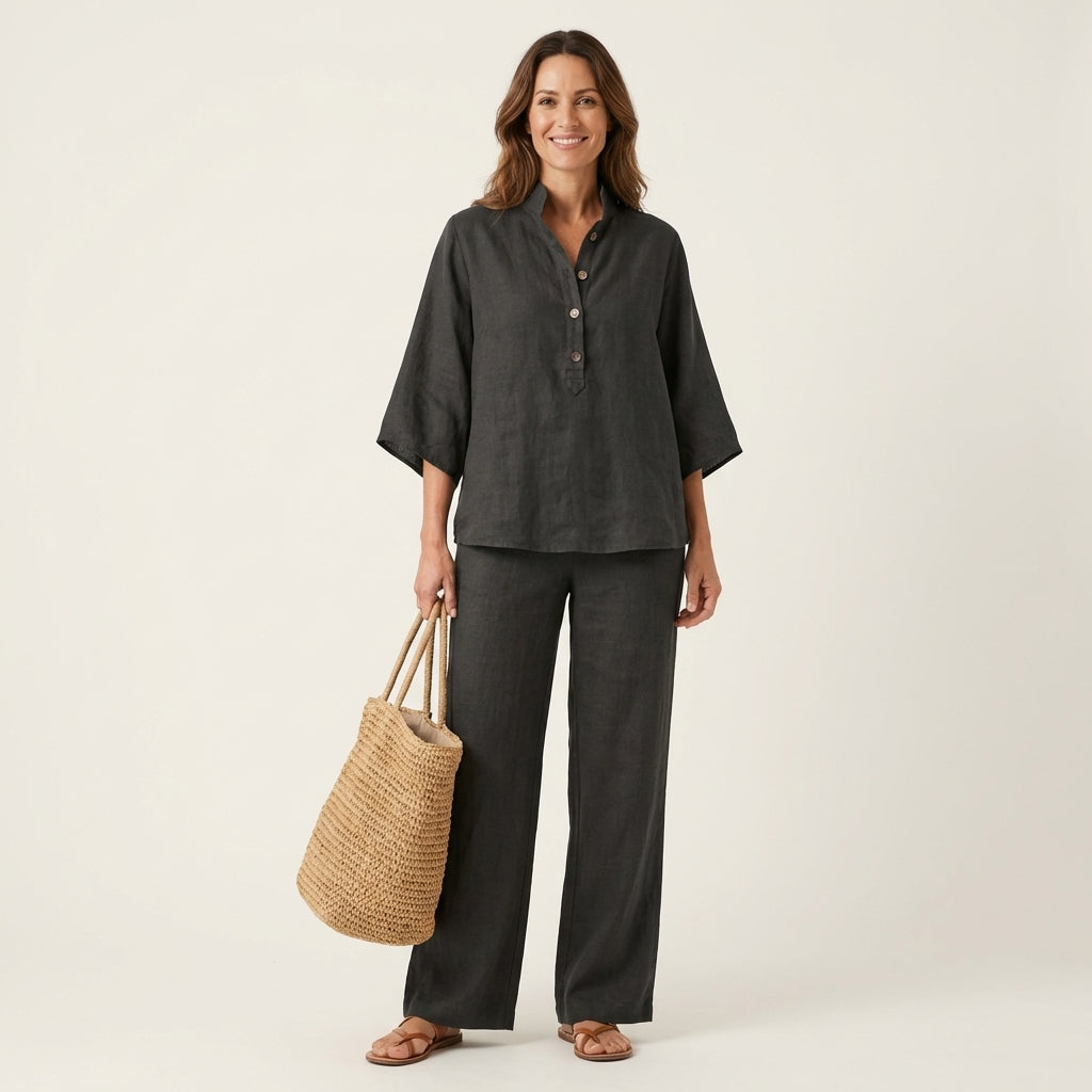 Women's Linen Two Piece Set with Batwing Top and Wide Leg Pants Casual Outfit