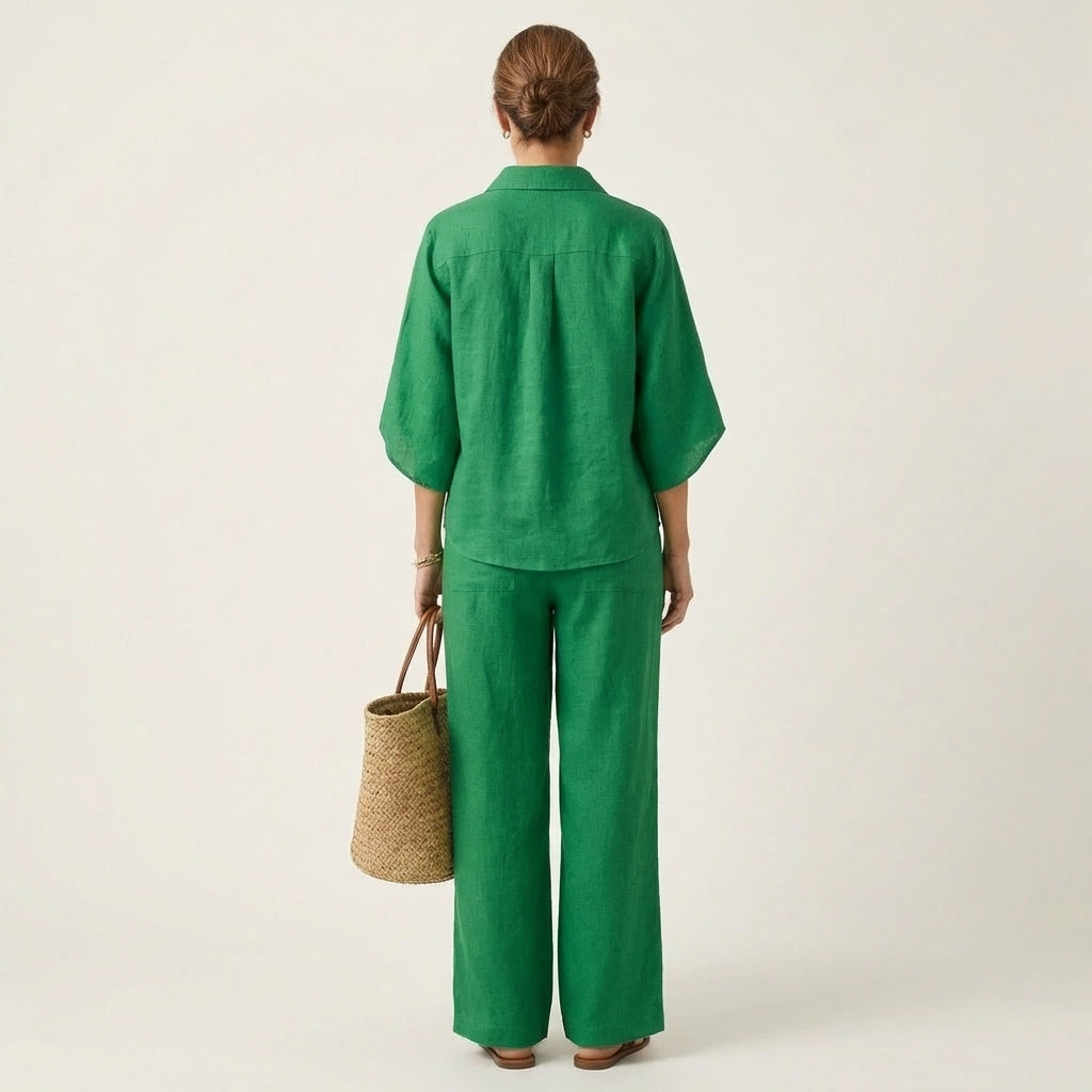 Women's Linen Two Piece Set with Batwing Top and Wide Leg Pants Casual Outfit