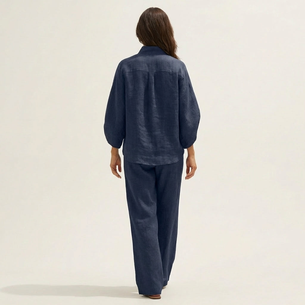 Women's Linen Two Piece Set with Batwing Top and Wide Leg Pants Casual Outfit