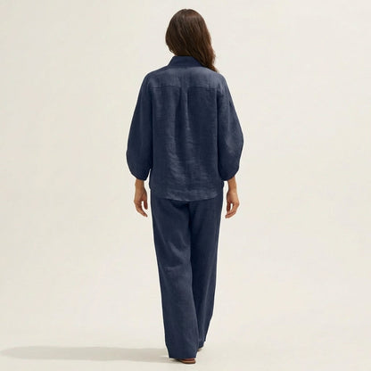 Women's Linen Two Piece Set with Batwing Top and Wide Leg Pants Casual Outfit