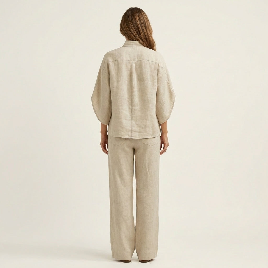 Women's Linen Two Piece Set with Batwing Top and Wide Leg Pants Casual Outfit