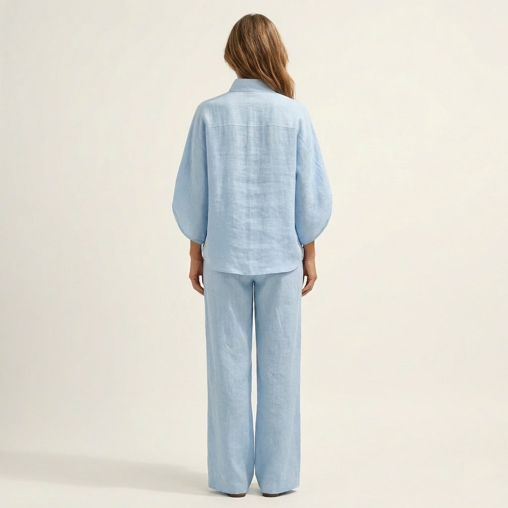 Women's Linen Two Piece Set with Batwing Top and Wide Leg Pants Casual Outfit