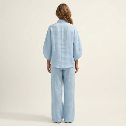 Women's Linen Two Piece Set with Batwing Top and Wide Leg Pants Casual Outfit