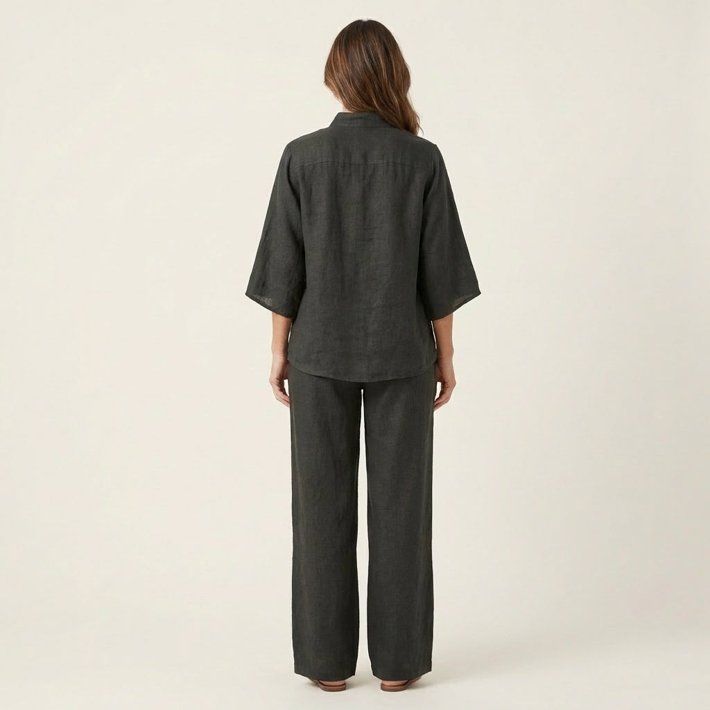 Women's Linen Two Piece Set with Batwing Top and Wide Leg Pants Casual Outfit