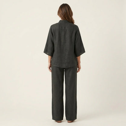 Women's Linen Two Piece Set with Batwing Top and Wide Leg Pants Casual Outfit