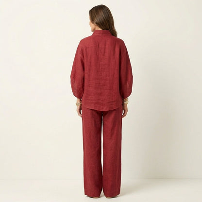 Women's Linen Two Piece Set with Batwing Top and Wide Leg Pants Casual Outfit