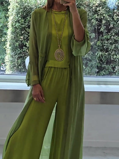 Women's 3 Piece Elegant Set Sleeveless Top Wide Leg Pants and Cardigan