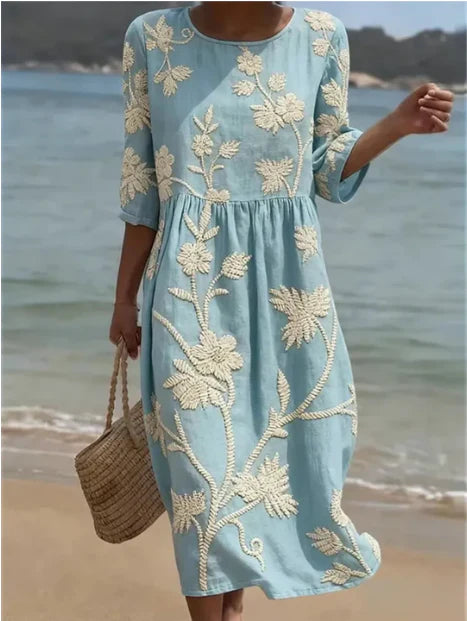 Women’s Floral V Neck Relaxed Fit Elegant Midi Dress