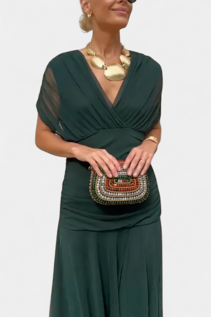 Women’s Off Shoulder Midi Dress with Fitted Waist and Flowing Skirt