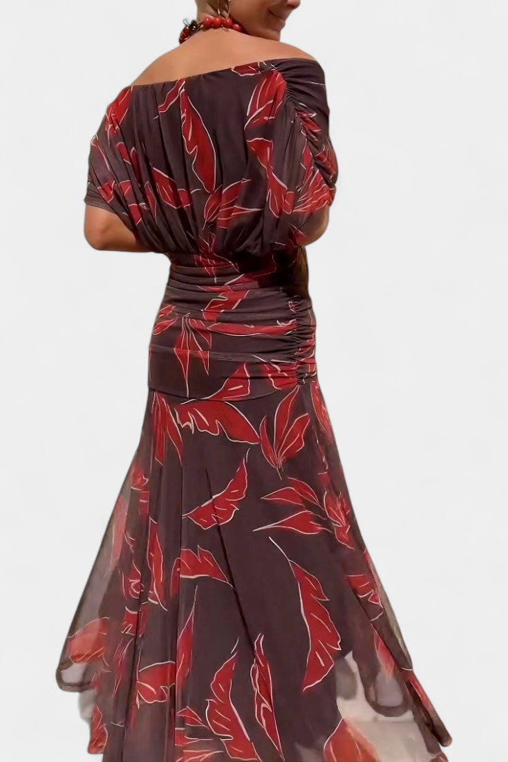 Women’s Off Shoulder Midi Dress with Fitted Waist and Flowing Skirt