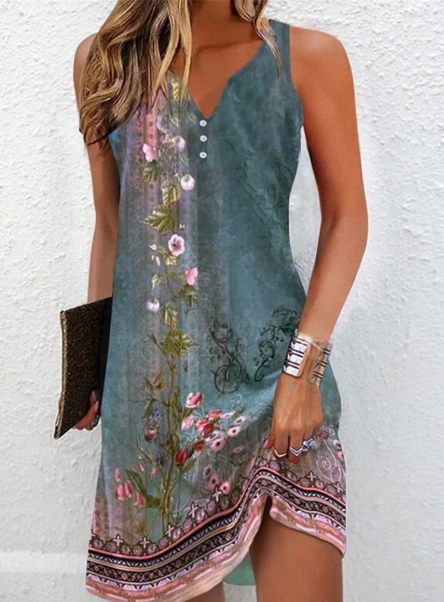 Women’s Abstract Print Asymmetric Casual Sleeveless Midi Dress