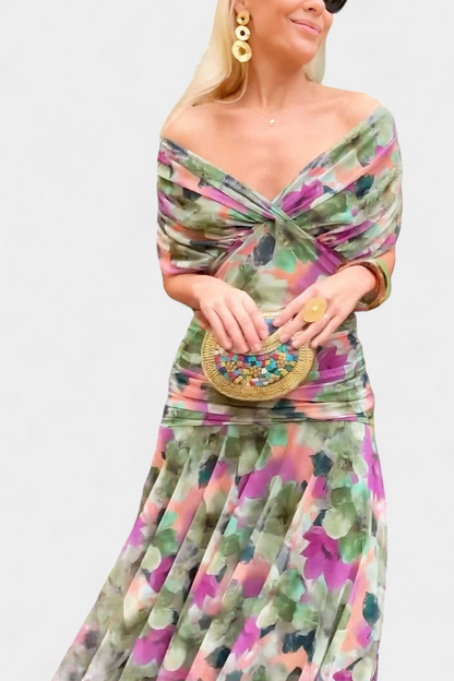 Women’s Off Shoulder Midi Dress with Fitted Waist and Flowing Skirt