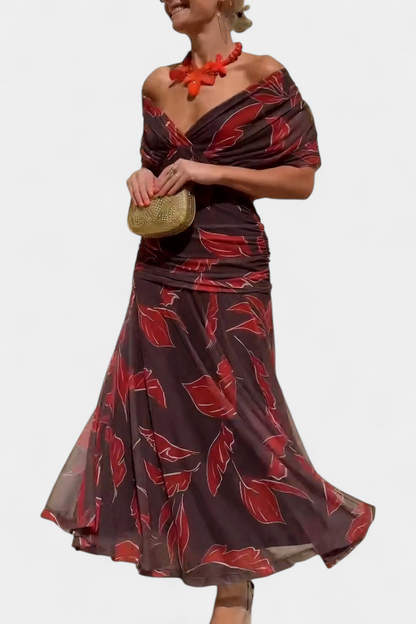 Women’s Off Shoulder Midi Dress with Fitted Waist and Flowing Skirt
