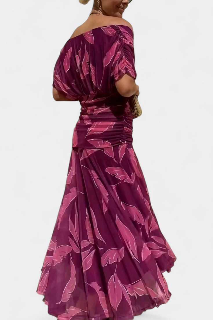 Women’s Off Shoulder Midi Dress with Fitted Waist and Flowing Skirt