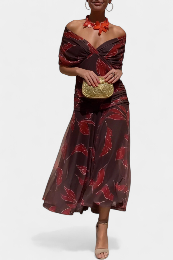 Women’s Off Shoulder Midi Dress with Fitted Waist and Flowing Skirt