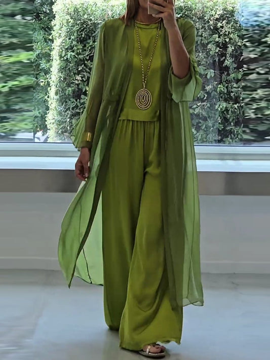 Women's 3 Piece Elegant Set Sleeveless Top Wide Leg Pants and Cardigan