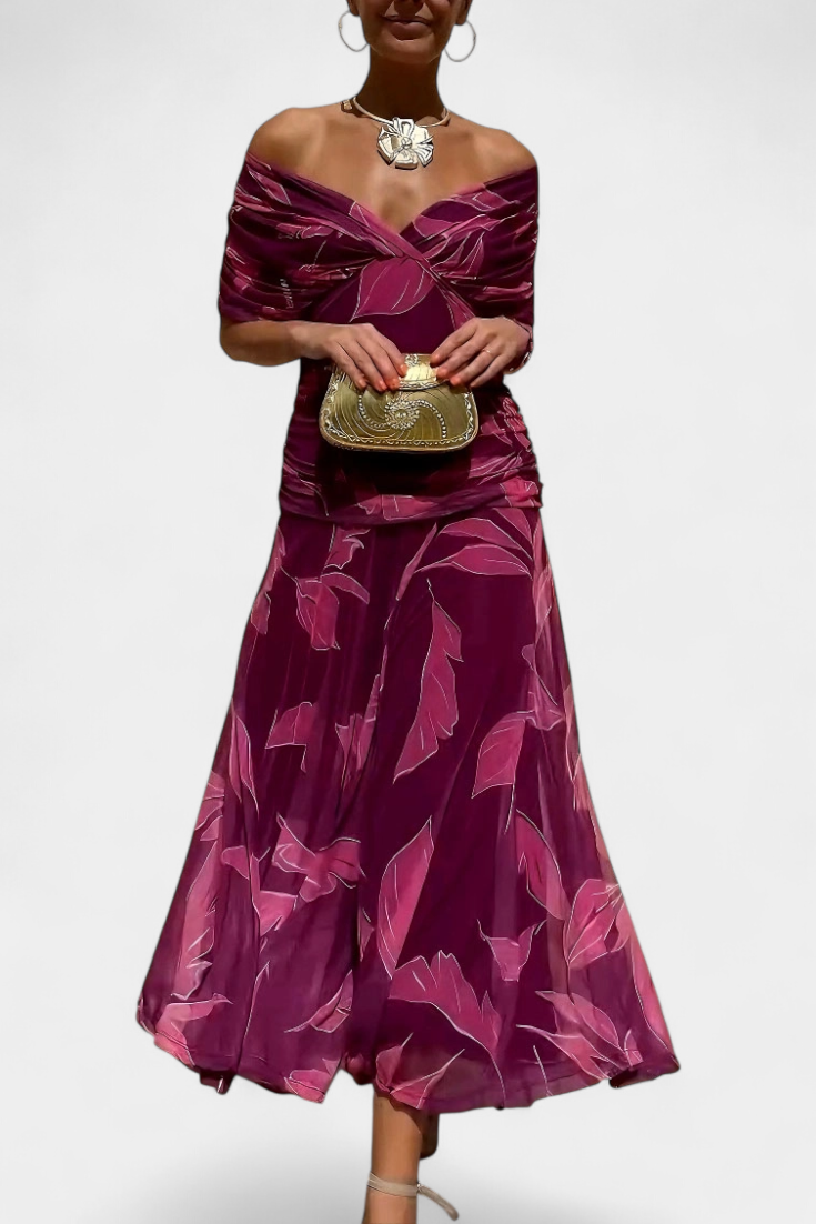 Women’s Off Shoulder Midi Dress with Fitted Waist and Flowing Skirt