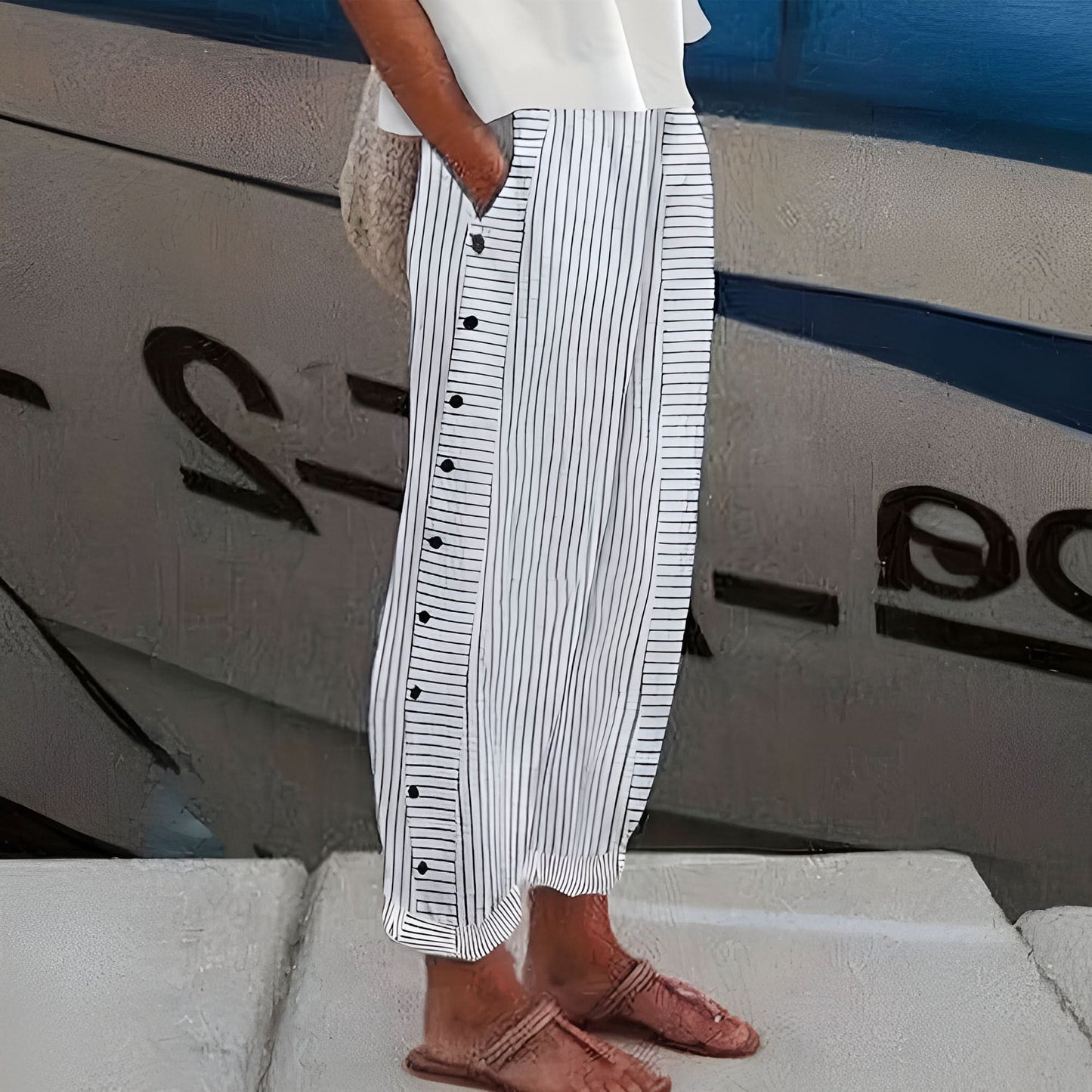 Women’s Striped Linen Pants with Elastic Waist and Button Detail