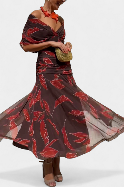Women’s Off Shoulder Midi Dress with Fitted Waist and Flowing Skirt