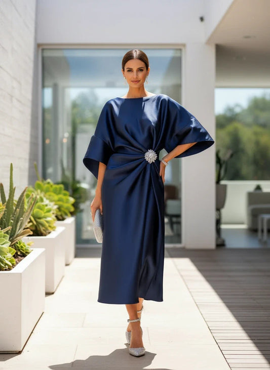 Women’s Batwing Sleeve Maxi Dress with Gathered Waist and Elegant Fit
