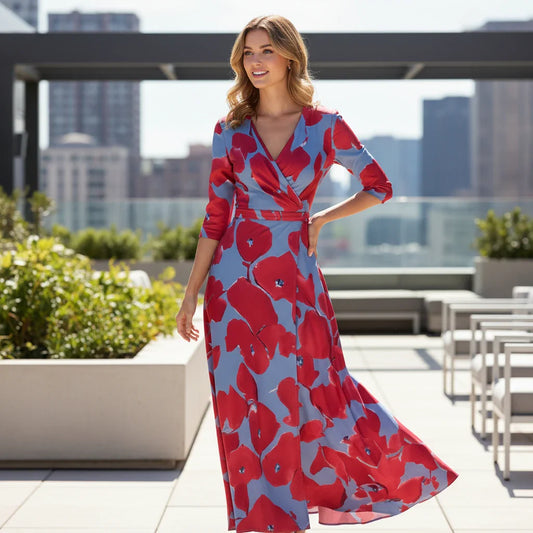 Women’s Floral Maxi Dress with V Neck Wrap and Flowing Fit