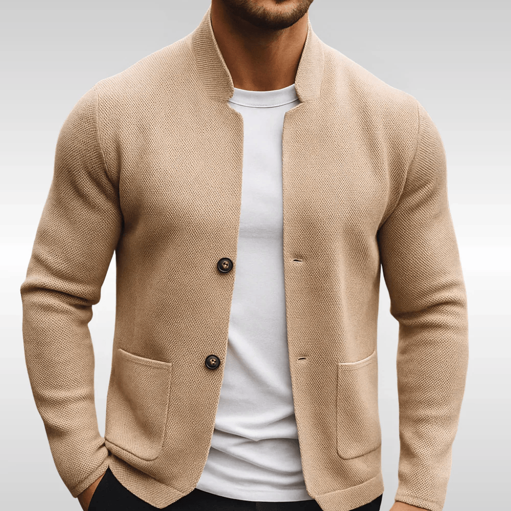 Men’s Knit Blazer with Mandarin Collar and Relaxed Fit