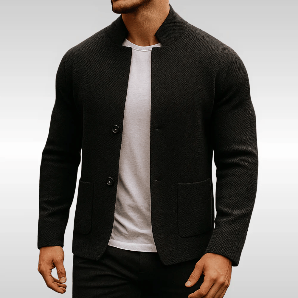 Men’s Knit Blazer with Mandarin Collar and Relaxed Fit