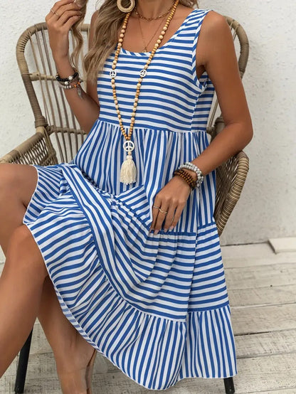Women’s Striped Sleeveless Relaxed Fit Tiered Summer Dress