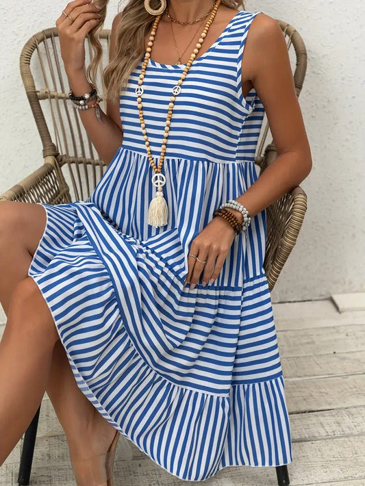 Women’s Striped Sleeveless Relaxed Fit Tiered Summer Dress