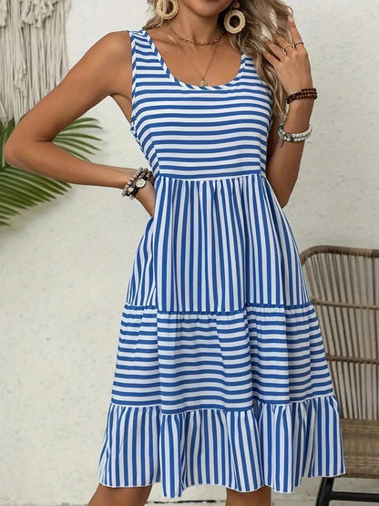 Women’s Striped Sleeveless Relaxed Fit Tiered Summer Dress