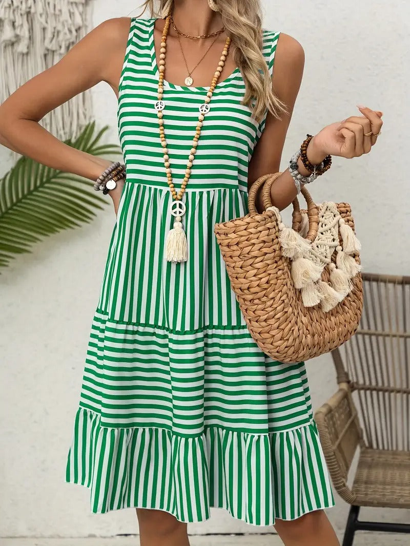 Women’s Striped Sleeveless Relaxed Fit Tiered Summer Dress
