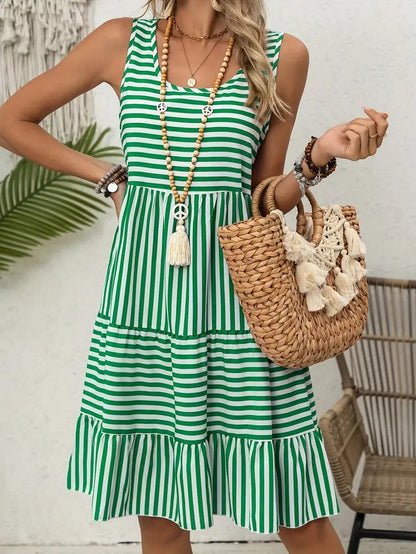 Women’s Striped Sleeveless Relaxed Fit Tiered Summer Dress