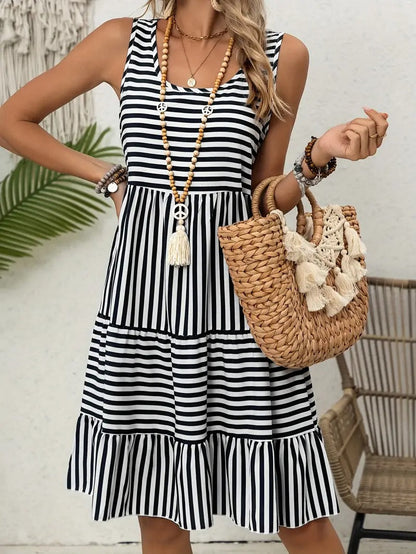 Women’s Striped Sleeveless Relaxed Fit Tiered Summer Dress