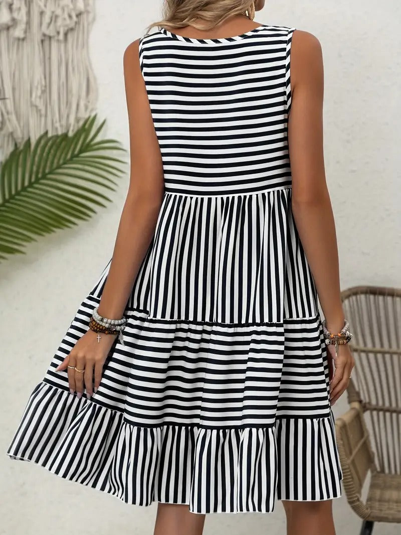 Women’s Striped Sleeveless Relaxed Fit Tiered Summer Dress
