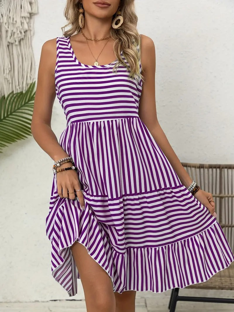 Women’s Striped Sleeveless Relaxed Fit Tiered Summer Dress