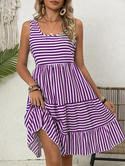 Women’s Striped Sleeveless Relaxed Fit Tiered Summer Dress