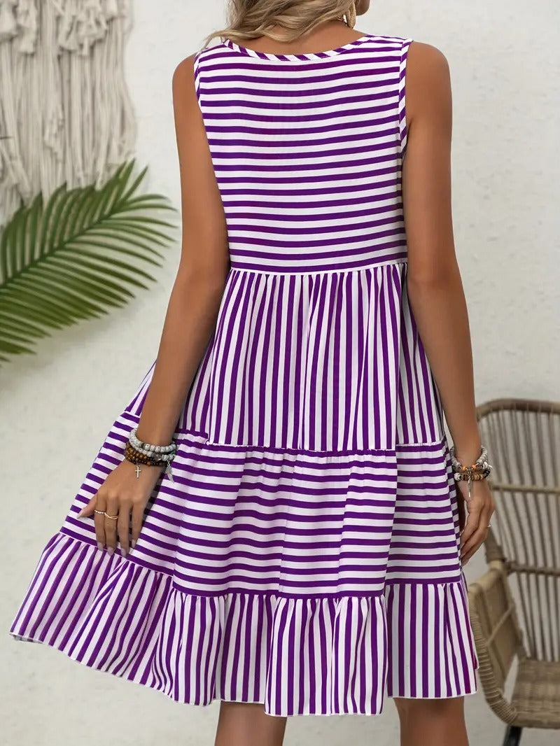 Women’s Striped Sleeveless Relaxed Fit Tiered Summer Dress