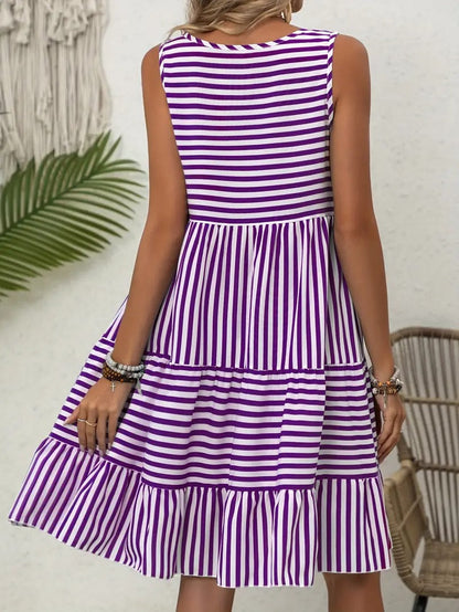 Women’s Striped Sleeveless Relaxed Fit Tiered Summer Dress