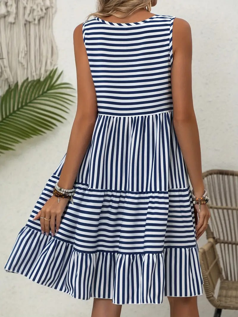 Women’s Striped Sleeveless Relaxed Fit Tiered Summer Dress