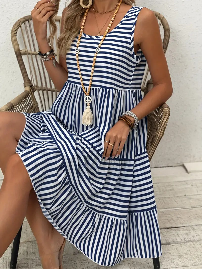 Women’s Striped Sleeveless Relaxed Fit Tiered Summer Dress