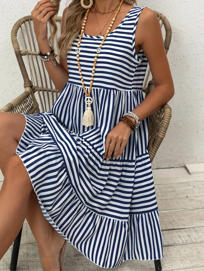 Women’s Striped Sleeveless Relaxed Fit Tiered Summer Dress