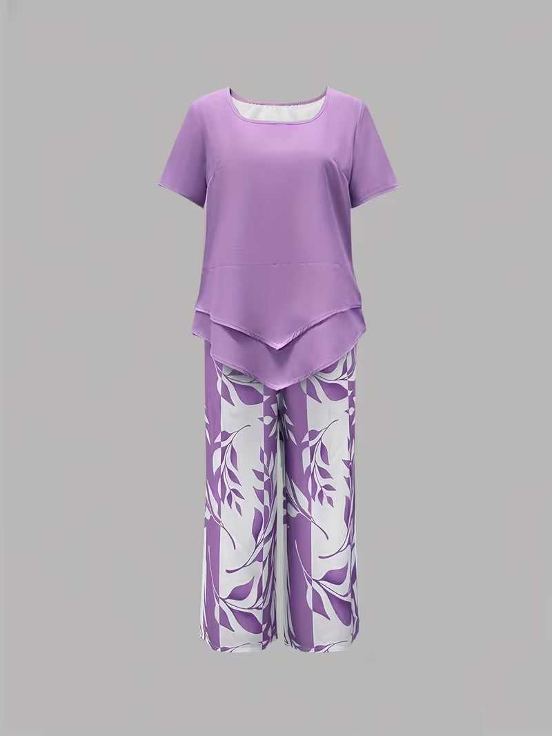 Women's Printed Two Piece Set with Short Sleeve Top and Cropped Pants Casual Outfit