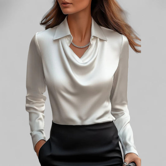 Women’s Draped Neck Long Sleeve Blouse with Satin-Like Finish
