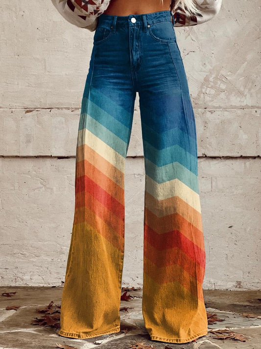 Women’s High Waist Wide Leg Pants with Chevron Gradient Print